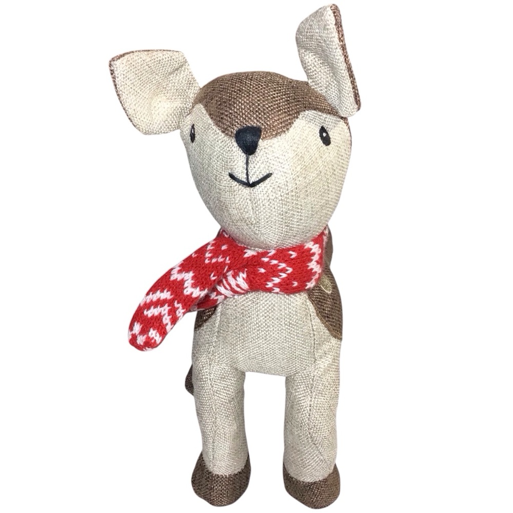Reindeer Stuffed Animal Decor Burlap Red White Scarf Christmas Holiday